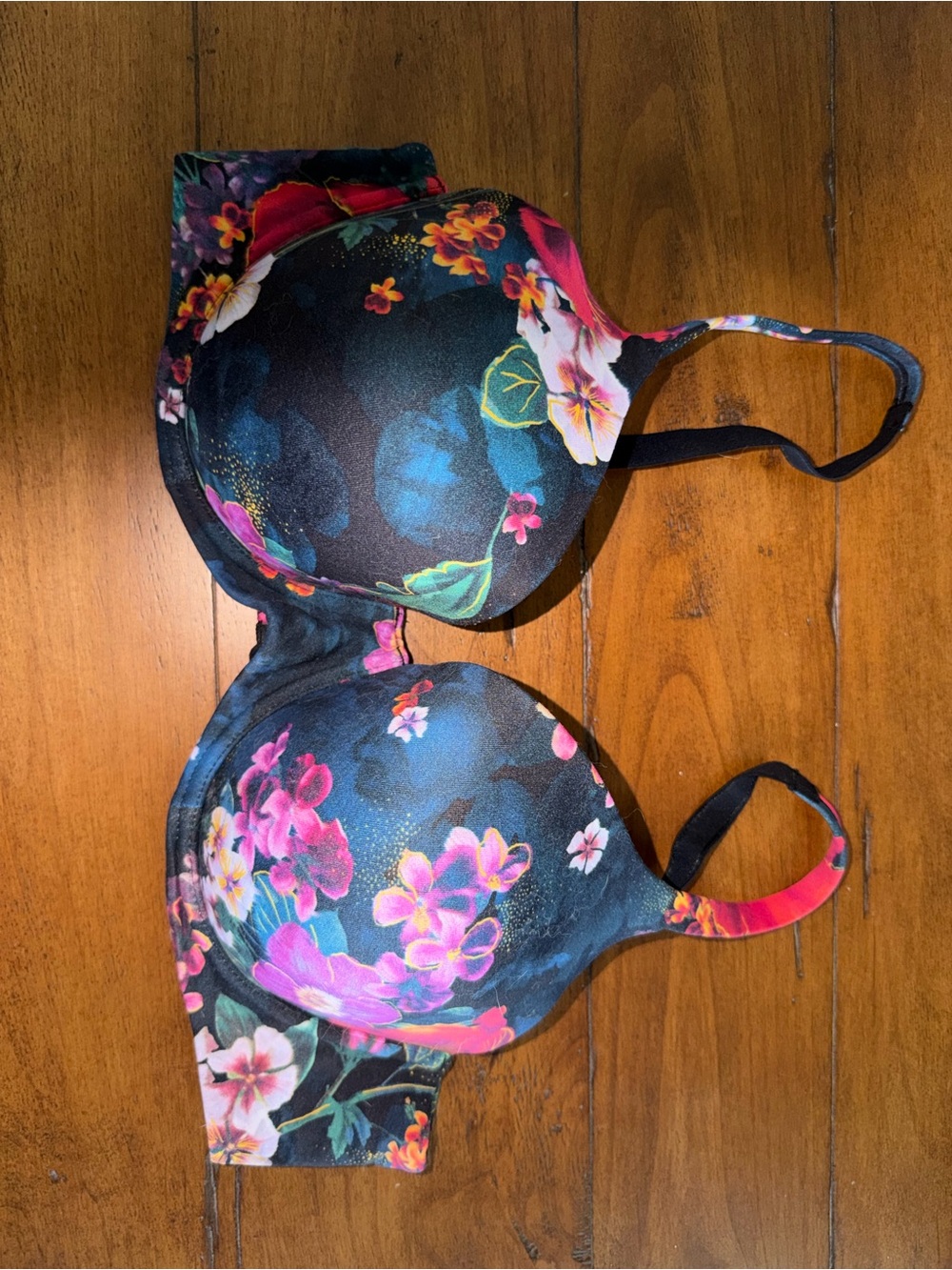 Soma Floral Padded T-Shirt Bra in Black with Pink & Blue Flowers